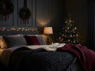 dark festive bedroom, soft warm lights barely illuminating the scene, heavy knitted 