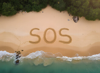 giant ‘SOS’ traced in sand on beach, top-down drone view, lone footprints nearby