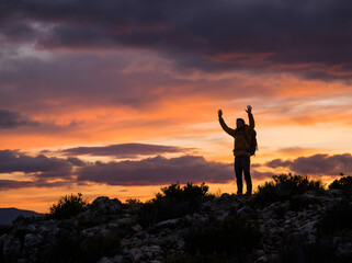 person waving both arms overhead in the universal distress gesture, standing alone