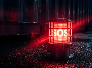 red flashing SOS beacon light, simple universal emergency visual, dark background 