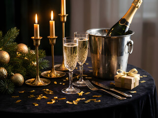 New Year celebration still-life, sparkling champagne, crystal glasses