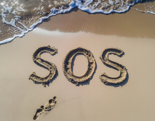 giant ‘SOS’ traced in sand on beach, top-down drone view, lone footprints nearby