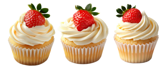 Vanilla cupcake with swirl of cream frosting and fresh strawberry topping, isolated on white transparent background