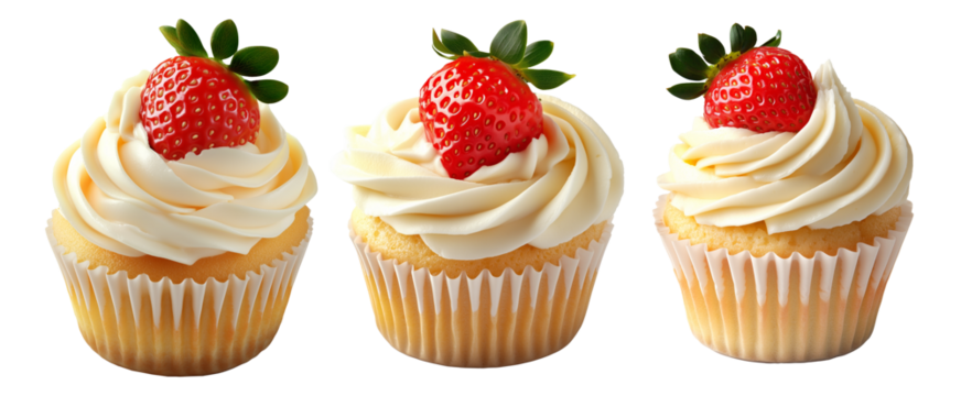 Vanilla cupcake with swirl of cream frosting and fresh strawberry topping, isolated on white transparent background