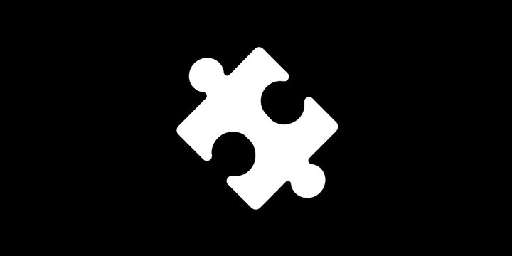 A white puzzle piece, set against a black backdrop, diagonally oriented