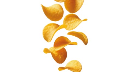 Potato chips falling in a vertical line isolated on transparent background