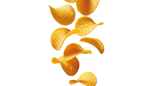 Potato chips falling in a vertical line isolated on transparent background