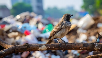 Bird perched on a branch with a large pile of trash and buildings blurred in the background.