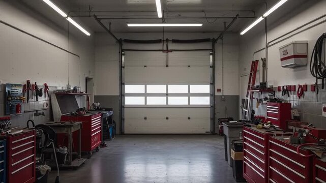 A well-lit, empty workshop interior. A closed garage door is center. Toolboxes, tools, and equipment are arranged