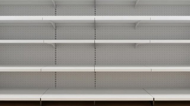 A neutral interior shot featuring multiple empty white shelves with pegboard backing and wooden flooring