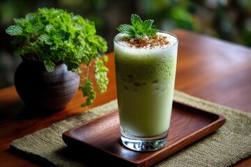 A matcha latte in a glass on a wooden tray with a mint garnish and a green potted plant in the background