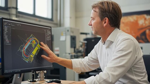 A man in a white shirt interacts with a computer screen showcasing architectural designs in an industrial setting