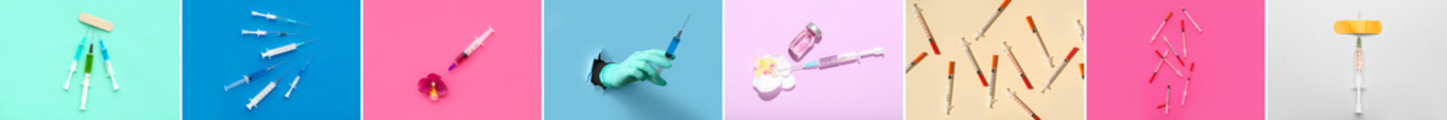 Collage with many syringes on color background