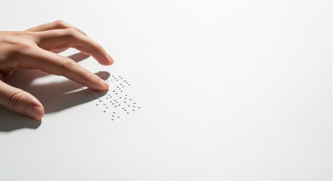 Minimalist shot of hand reading Braille text on white background. Visually impaired person using touch. Clean composition with copy space for accessibility concepts.
