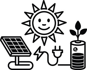 Solar Energy Icon With Sun Battery And Plant vector illustration