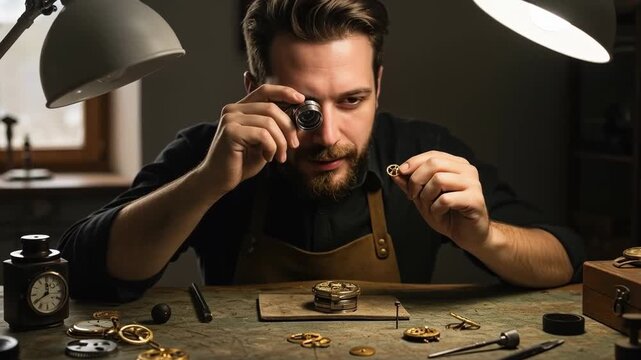 A smiling artisan examining tiny watch parts under bright lamps. Various tools and components are on the desk