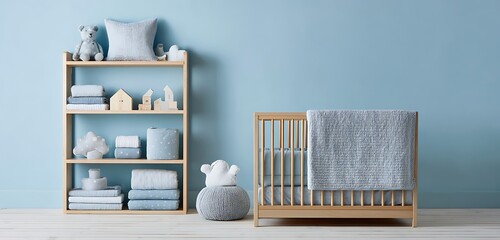 Baby room with a calming light blue theme, a crib with a matching blanket, and simple shelving