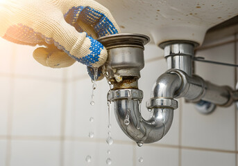Hand in glove fixing leaky bathroom sink drain pipe | Professional plumber repairing rusted P-trap assembly | Close-up of water dripping from broken plumbing fixture