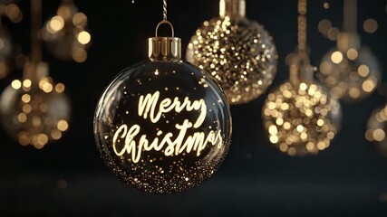 Elegant Merry Christmas ornaments golden glitter baubles hanging against a dark background festive holiday season decoration - Powered by Adobe