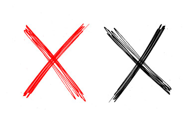 Red cross mark drawn with brush strokes. Hand-drawn X symbol isolated on white background. 