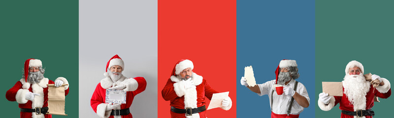 Collage of Santa Clauses with letters on color background