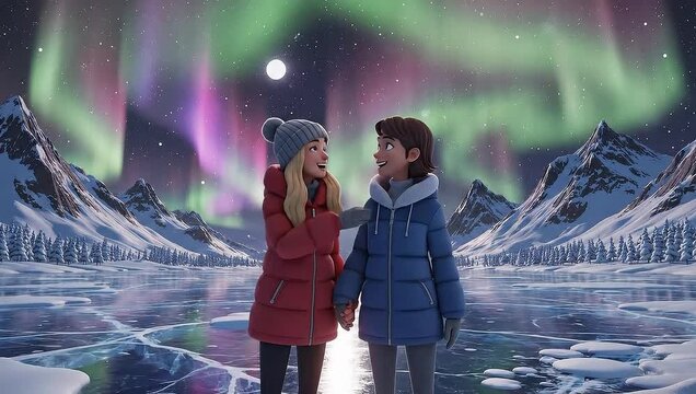 Two children holding hands and smiling under the northern lights.