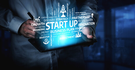 Professional individual using a tablet, showcasing start-up themes such as innovation, investment, and growth in a modern business environment for aspiring entrepreneurs. Tessel