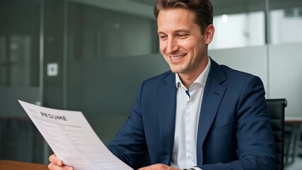 A smiling man in a suit looks at a resume, likely during a job interview. A watch is visible. Background is an office