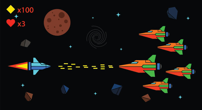 Space shooter game retro arcade style with spaceship and enemies