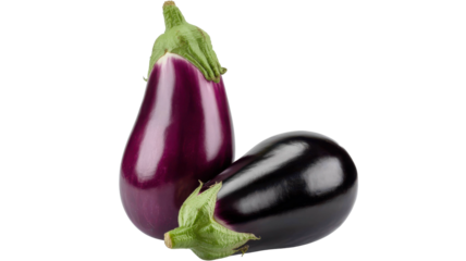 Two fresh eggplants, one purple and one dark purple, isolated on transparent background