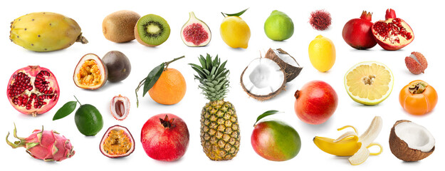 Set of many different exotic fruits on white background