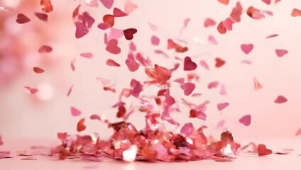 Pink heart confetti falling and bouncing on a light pink background, creating a festive and romantic atmosphere. - Powered by Adobe