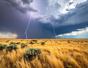 Lightning strikes across a vast, golden grassland beneath a storm