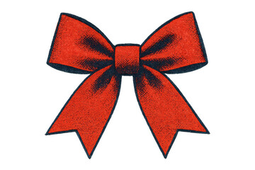 A red decorative bow with a textured, grainy illustration style has a classic shape for gift wrapping, presents, and holiday celebrations, showing a vintage, hand-drawn aesthetic