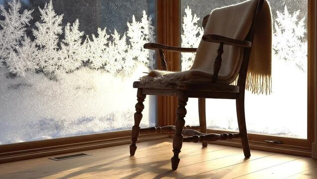 A cozy armchair sits by a window with snowflake decals, overlooking a snowy winter landscape, bathed in warm sunlight.