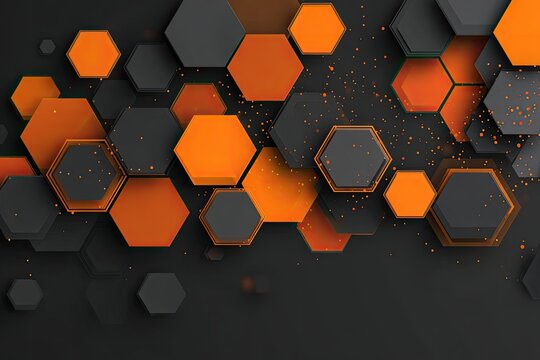 Abstract 3D illustration of layered orange and grey hexagon shapes against a dark backdrop