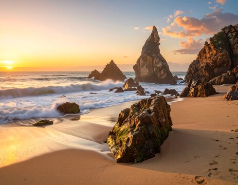 Golden sunset on a rocky beach - Powered by Adobe