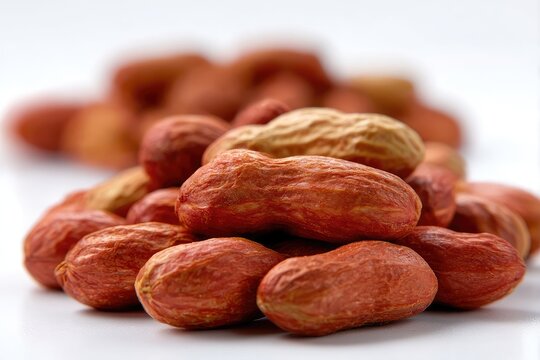 A pile of peanuts is displayed against a white backdrop capturing their textured surfaces