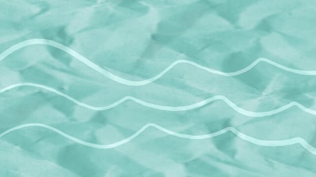 Slow horizontal panning motion of wrinkled paper, solid seafoam teal color background, animated hand drawn ocean wave pattern stop motion