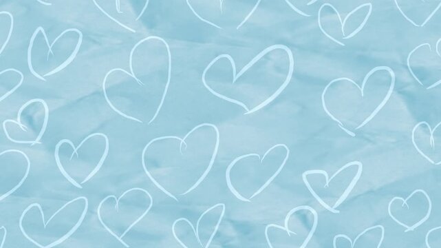 Slow horizontal panning motion of wrinkled paper, solid pastel light blue color background, animated repeated hand drawn heart pattern stop motion