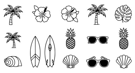 Black and white summer icons: palm trees, hibiscus, surfboards, pineapples, sunglasses, shells, and monstera leaf.