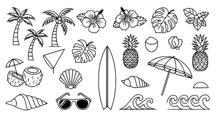 Black and white line art illustration of tropical summer vacation elements.
