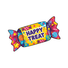 A bright wrapped candy labeled happy treat in bold colors.