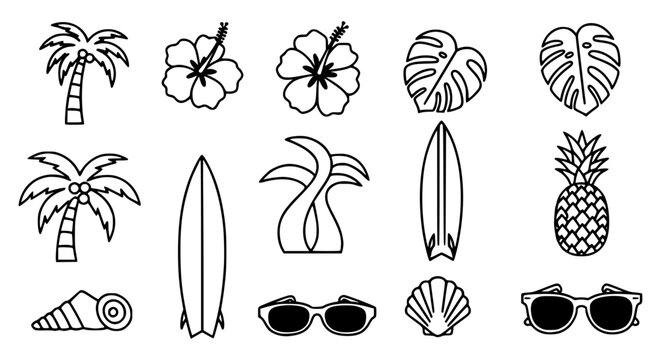 A collection of summer themed line art icons including palm trees, hibiscus flowers, surfboards, and sunglasses.