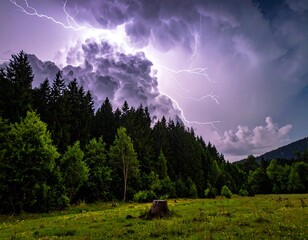 Lightning strikes over forest in a dark cloudy sky