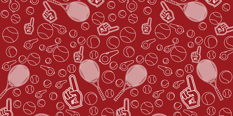 Tennis background. Doodle style sports equipment and player silhouettes.