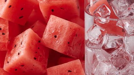 Fresh watermelon cubes beside a glass of infused juice