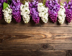 Lilac blossoms arranged over a textured, wooden plank backdrop