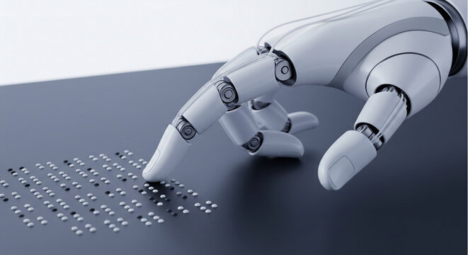 Futuristic robotic hand reading Braille text. AI technology concept for accessibility, blind assistance, and social inclusion. 3D rendering of bionic finger touching tactile code. - Powered by Adobe
