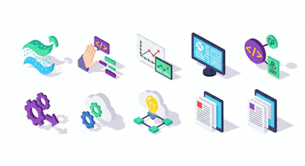 Modern Digital Technology and Business Process Isometric Icon Set Illustrating Data Management, Software Development, Analytics, and Cloud Solutions